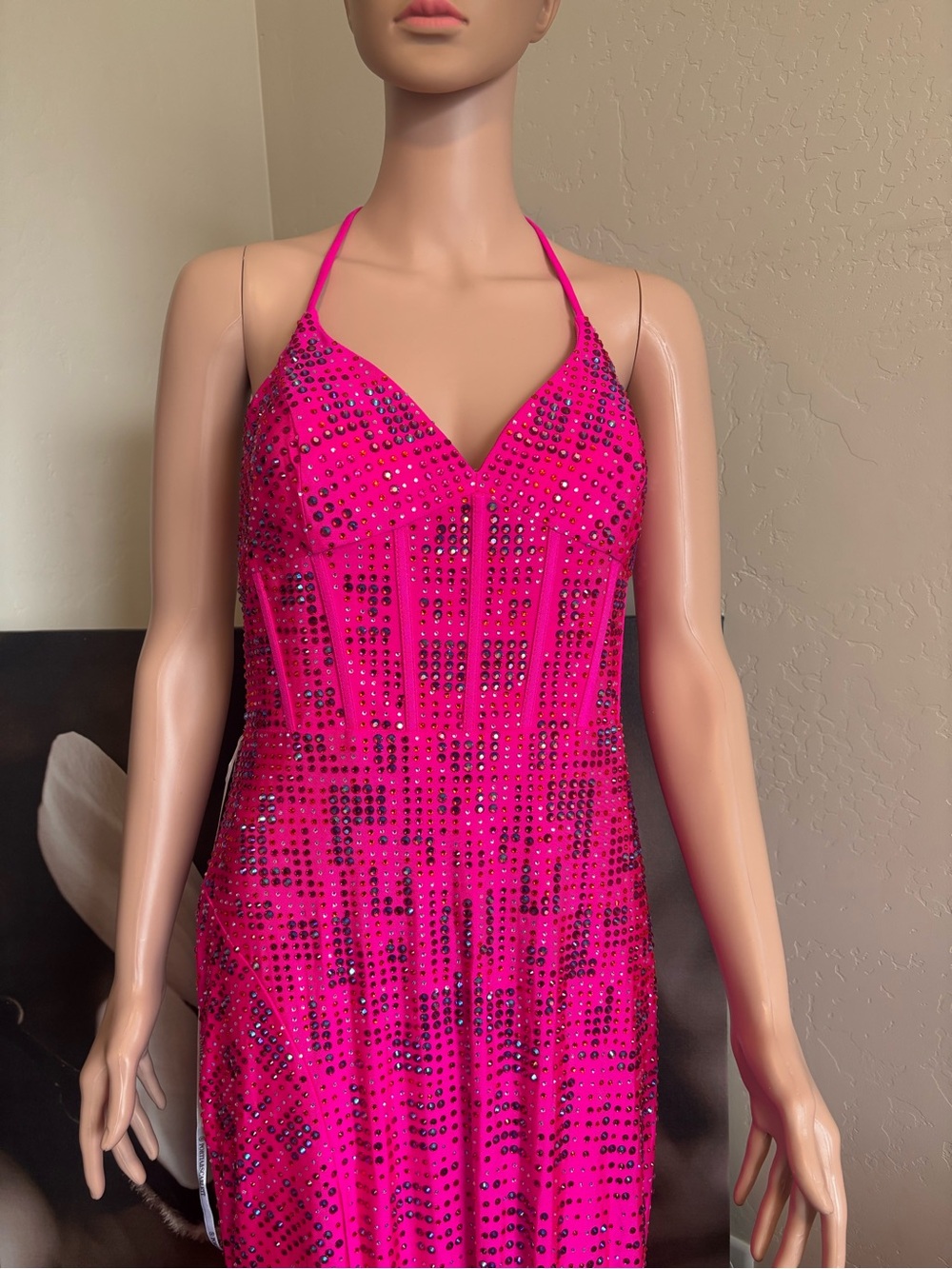 Portia and Scarlett Hot Pink Sequin Halter Prom Dress